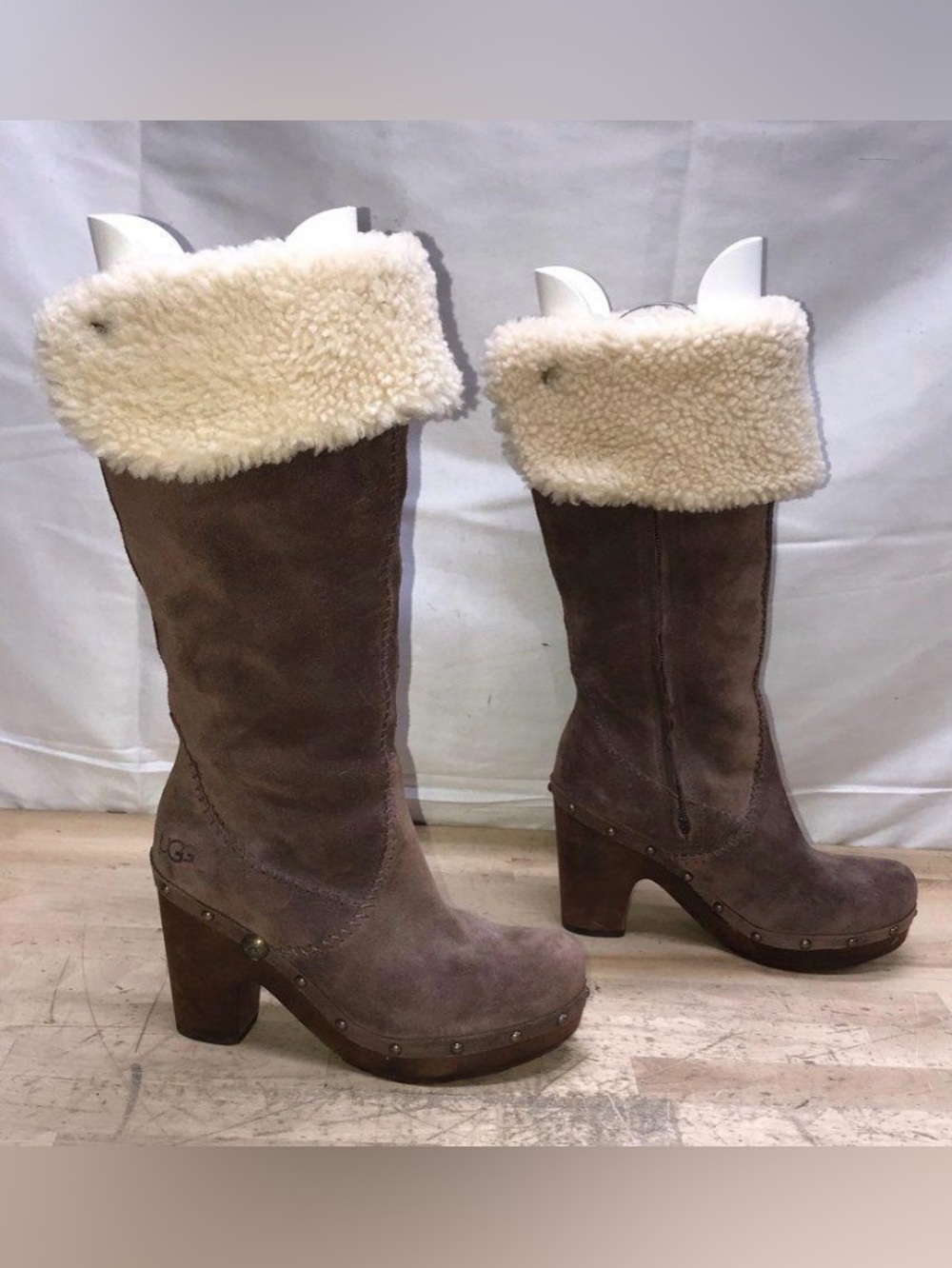 1 hour sale. UGG, size 7, Taupe Suede Shearling Cuff Studded Heel Boots